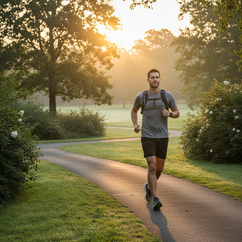 Homme en tenue de sport marchant dans un parc verdoyant au lever du soleil, illustrant un mode de vie actif et équilibré