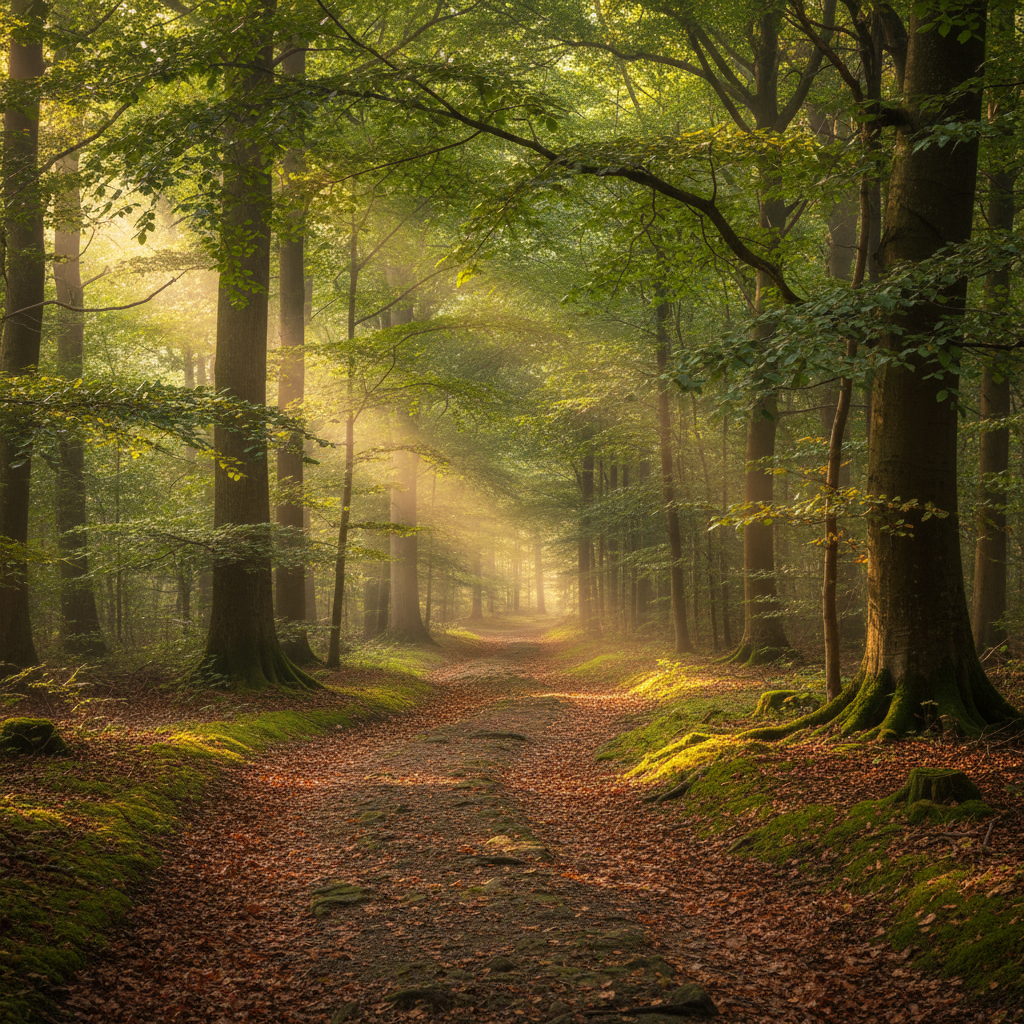 Sentier forestier baigné de lumière filtrée à travers les feuilles, évoquant la marche en nature comme pratique de décompression