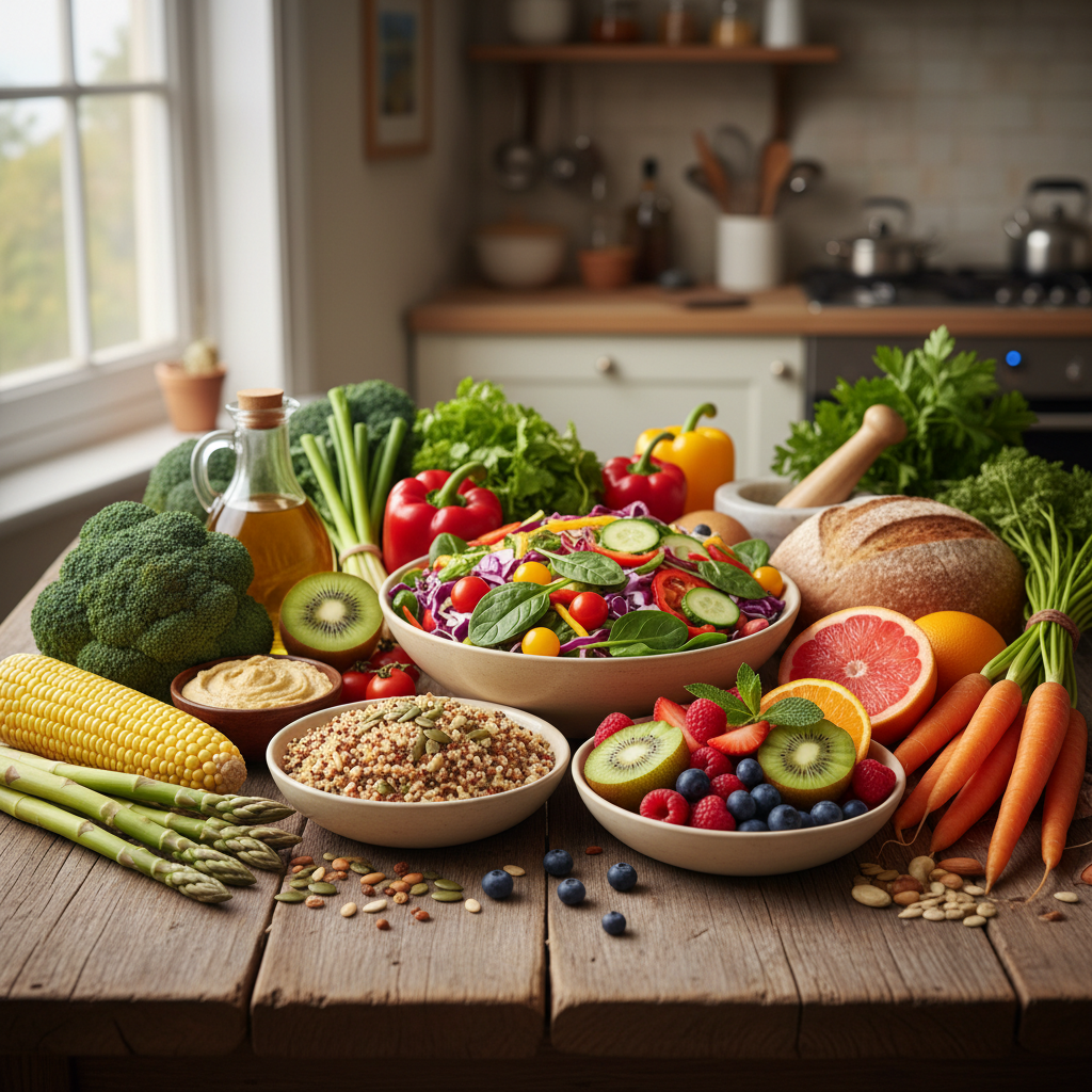 Composition soignée de légumes colorés, céréales complètes et fruits frais sur une table en bois, illustrant les principes d'une alimentation variée
